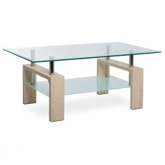 Konferenční stůl, čiré / mléčné sklo, MDF, 3D dekor bílý dub