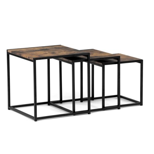 Set 3 ks odkládacích stolků, MDF, dekor divoký dub, kov, černý lak