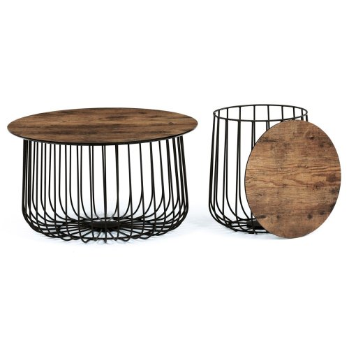 Set 2 ks stolků,pr.60x34, pr.37x39 cm, deska MDF, 3D dekor divoký dub, kovová drátěná podnož, černý mat