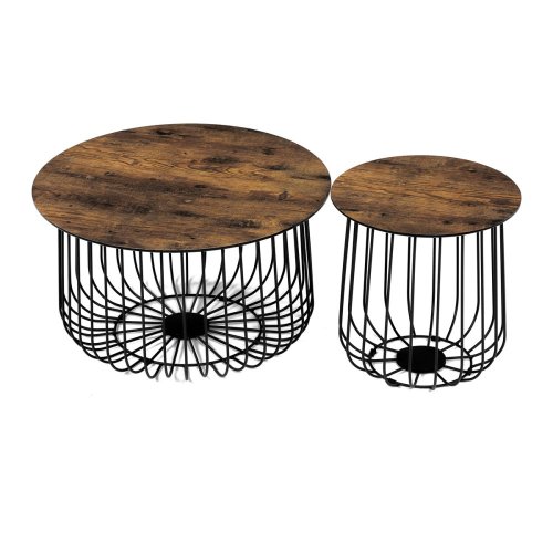 Set 2 ks stolků,pr.60x34, pr.37x39 cm, deska MDF, 3D dekor divoký dub, kovová drátěná podnož, černý mat