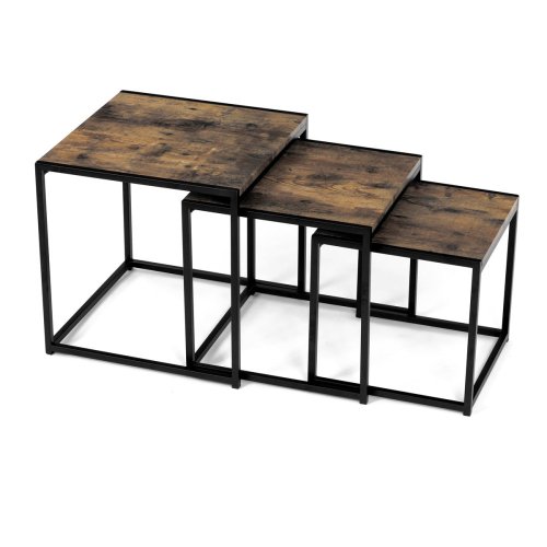 Set 3 ks odkládacích stolků, MDF, dekor divoký dub, kov, černý lak