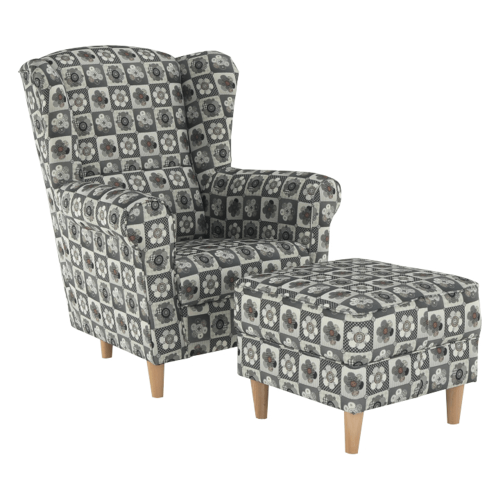 Křeslo ušák s taburetem, látka patchwork N1, ASTRID (0000108693) — Memela.cz