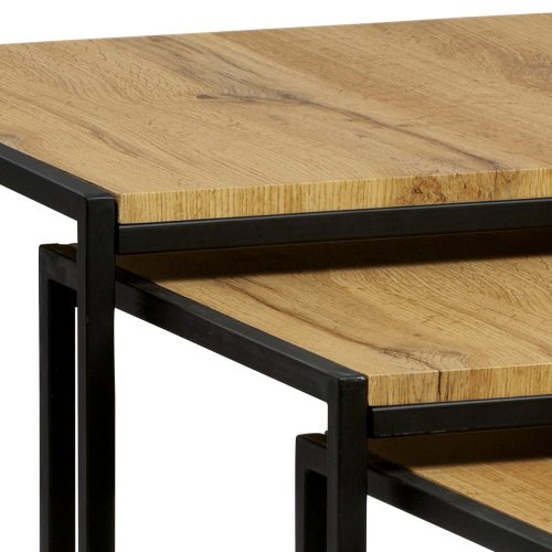 Set 3 ks odkládacích stolků, MDF, dekor divoký dub, kov, černý lak