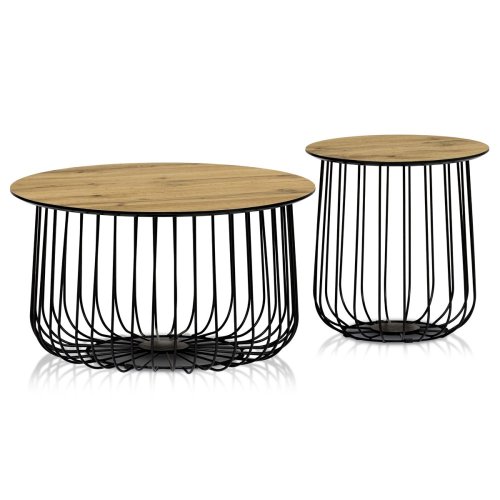 Set 2 ks stolků,pr.60x34, pr.37x39 cm, deska MDF, 3D dekor divoký dub, kovová drátěná podnož, černý mat