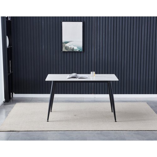 Stůl jídelní 130x70x76 cm, deska slinutý kámen v imitaci matného mramoru, černé kovové nohy