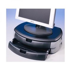 Podstavec pod monitor, se dvěma zásuvkami na kancelářské potřeby, černý, zpevněný plast, 40 kg nosnost, ergo