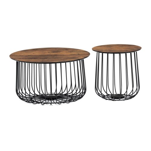 Set 2 ks stolků,pr.60x34, pr.37x39 cm, deska MDF, 3D dekor divoký dub, kovová drátěná podnož, černý mat
