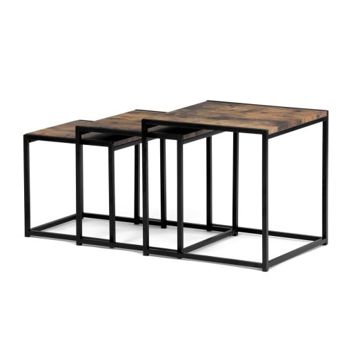 Set 3 ks odkládacích stolků, MDF, dekor divoký dub, kov, černý lak