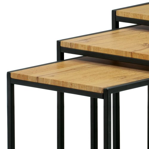 Set 3 ks odkládacích stolků, MDF, dekor divoký dub, kov, černý lak