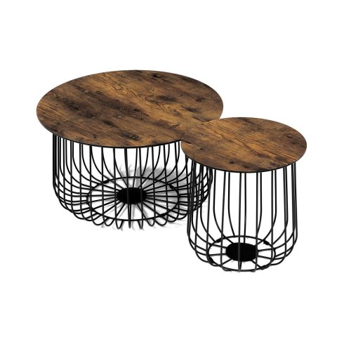 Set 2 ks stolků,pr.60x34, pr.37x39 cm, deska MDF, 3D dekor divoký dub, kovová drátěná podnož, černý mat