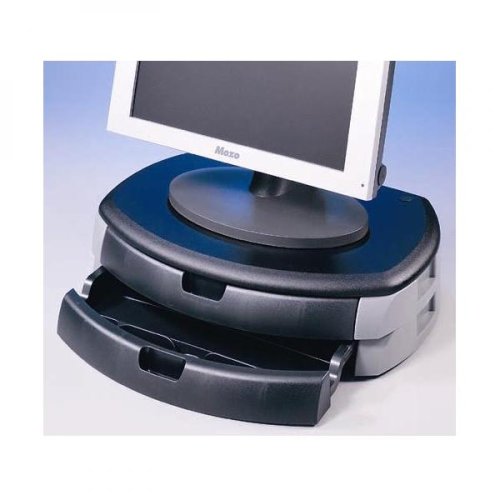 Podstavec pod monitor, se dvěma zásuvkami na kancelářské potřeby, černý, zpevněný plast, 40 kg nosnost, ergo