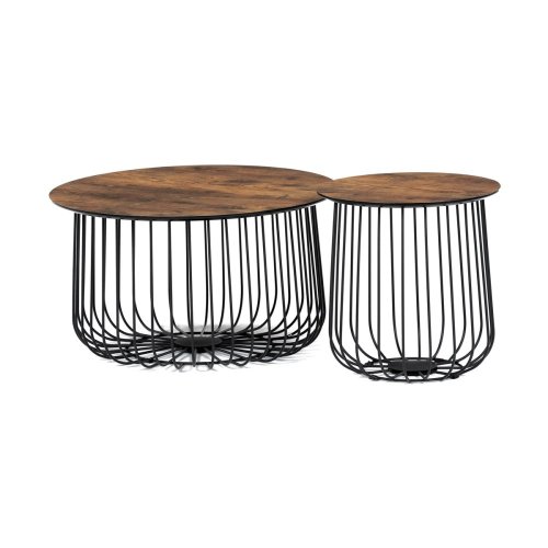 Set 2 ks stolků,pr.60x34, pr.37x39 cm, deska MDF, 3D dekor divoký dub, kovová drátěná podnož, černý mat