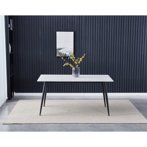 Stůl jídelní 160x90x76 cm, deska slinutý kámen v imitaci matného mramoru, černé kovové nohy