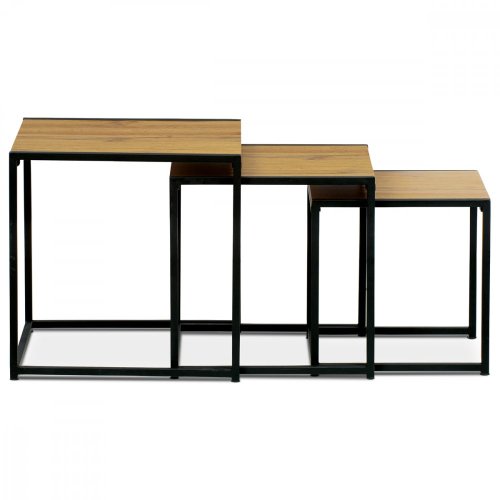 Set 3 ks odkládacích stolků, MDF, dekor divoký dub, kov, černý lak