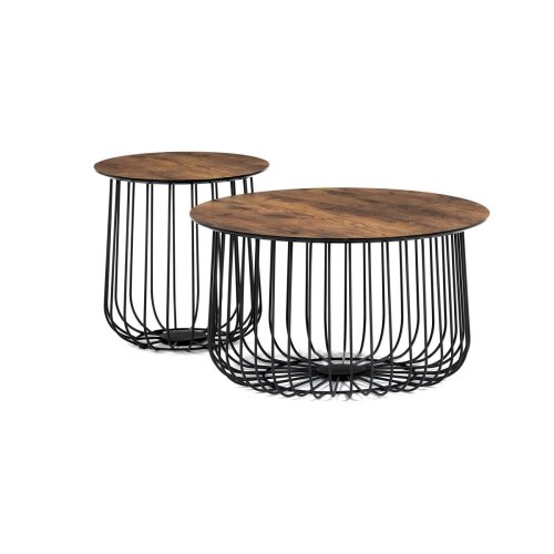 Set 2 ks stolků,pr.60x34, pr.37x39 cm, deska MDF, 3D dekor divoký dub, kovová drátěná podnož, černý mat