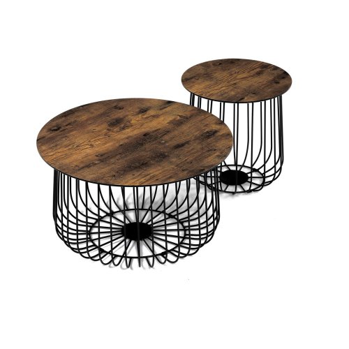 Set 2 ks stolků,pr.60x34, pr.37x39 cm, deska MDF, 3D dekor divoký dub, kovová drátěná podnož, černý mat