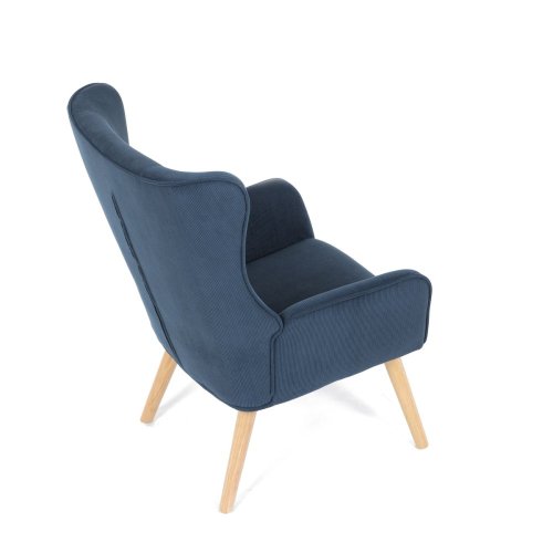 Křeslo, potah modrá manšestrová látka, dřevěné nohy, masiv kaučukovník - Brevné variany: Šedá